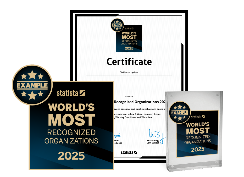 A display of Statista Rankings award samples including certificate, trophy, and award logo.