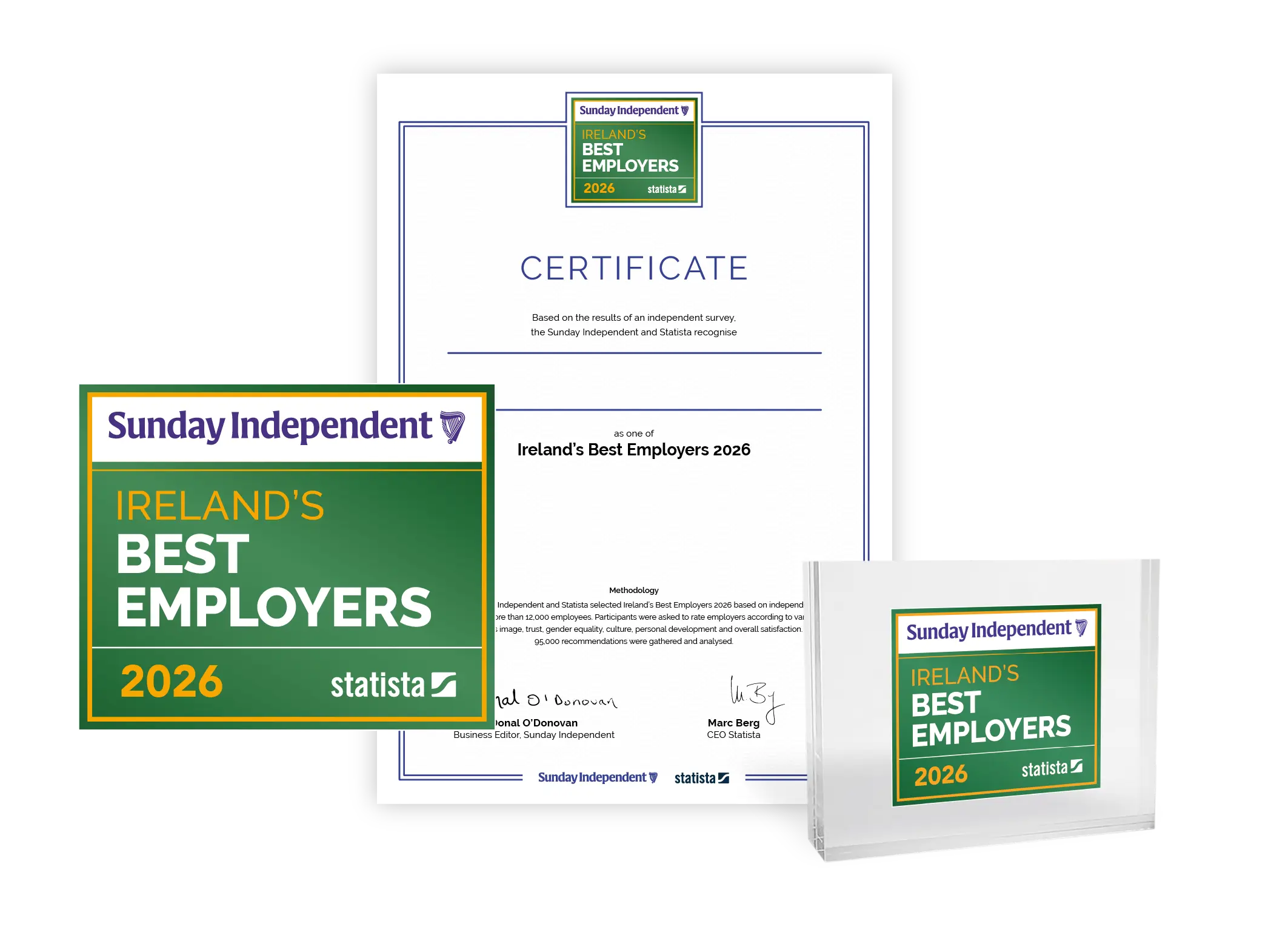 Statista and Sunday Independent logo, certificate and trophy mockup for Ireland's Best Employers 2026.