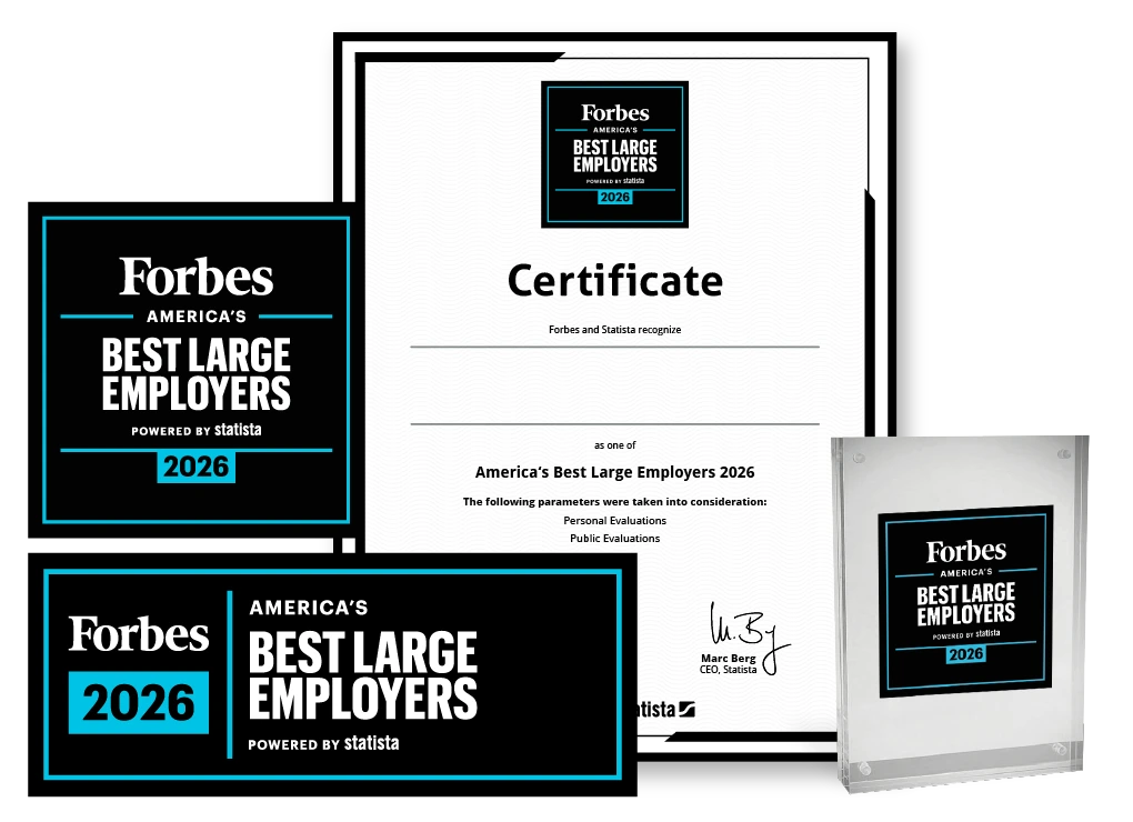 Statista and Forbes logos, certificate and trophy mockup for America’s Best Large Employers 2026.