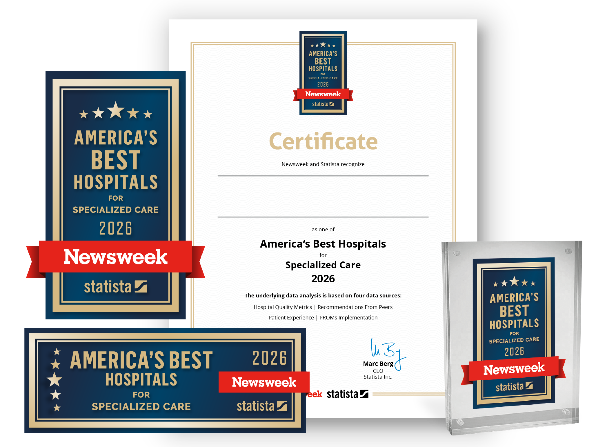 Statista and Newsweek logo, certificate and trophy mockup for America’s Best Hospitals for Specialized Care 2026.