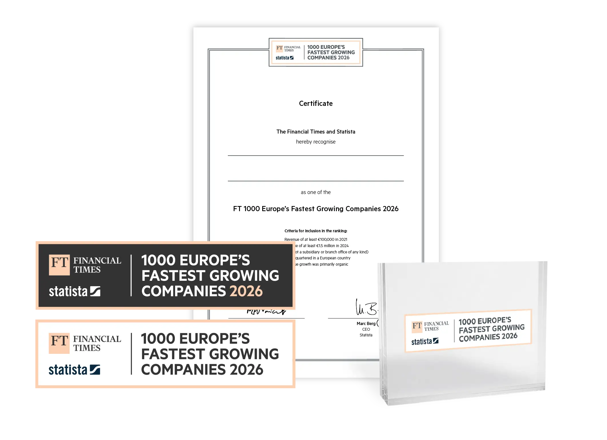 Statista and Financial Times logo, certificate and trophy mockup for 1000 Europe’s Fastest Growing Companies 2026.