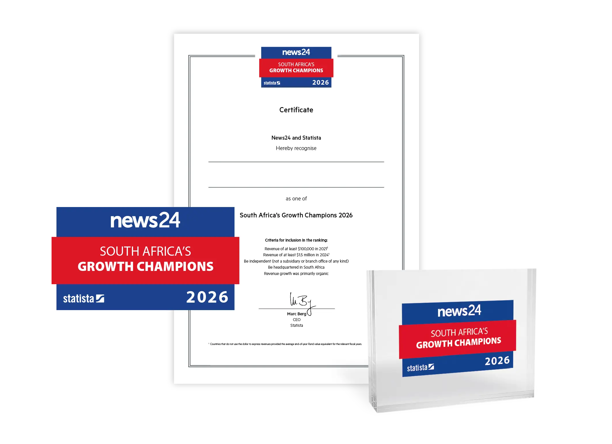 Statista and News24 logo, certificate and trophy mockup for South Africa’s Fastest Growing Companies 2026.
