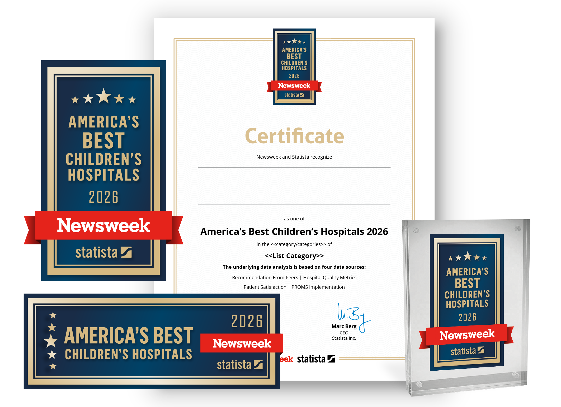 Statista and Newsweek logo, certificate and trophy mockup for America’s Best Children’s Hospitals 2026.