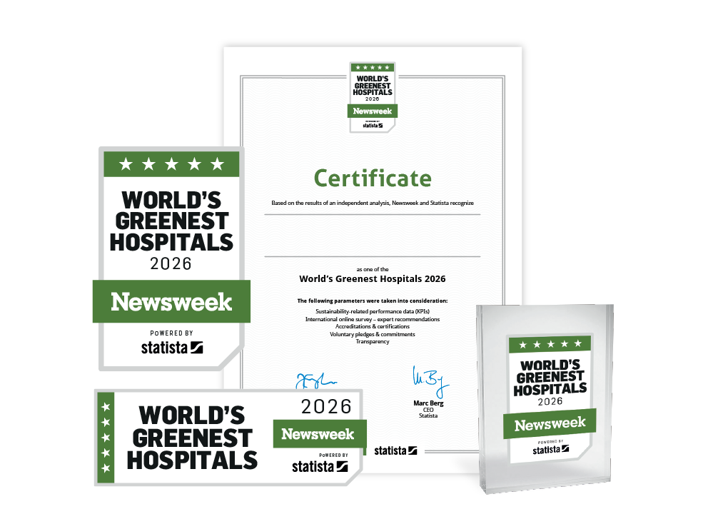 Statista and Newsweek logo, certificate and trophy mockup for World's Greenest Hospitals 2026.