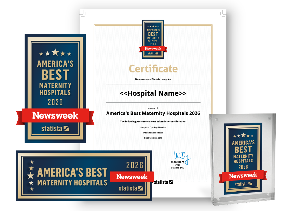 Statista and Newsweek logo, certificate and trophy mockup for America's Best Maternity Hospitals 2026.