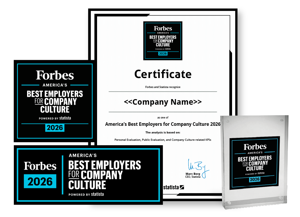 Statista and Forbes logo, certificate and trophy mockup for America’s Best Employers for Company Culture 2026.