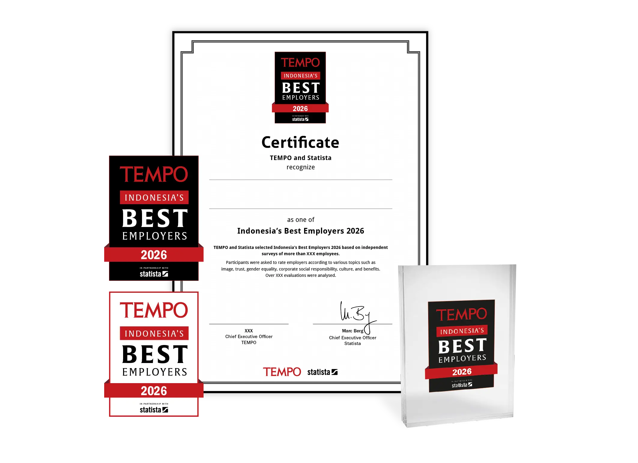 Statista and Tempo logo, certificate and trophy mockup for Indonesia's Best Employers 2026.