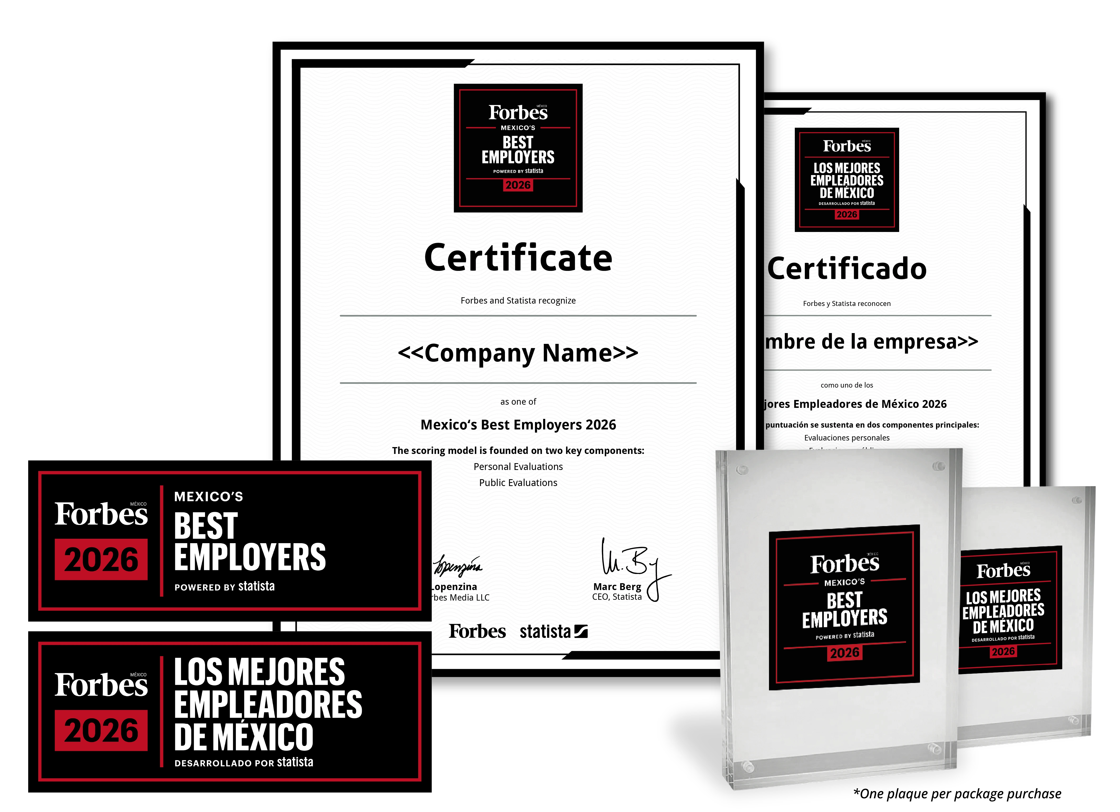 Statista and Forbes logo, certificate and trophy mockup for Mexico's Best Employers 2026.