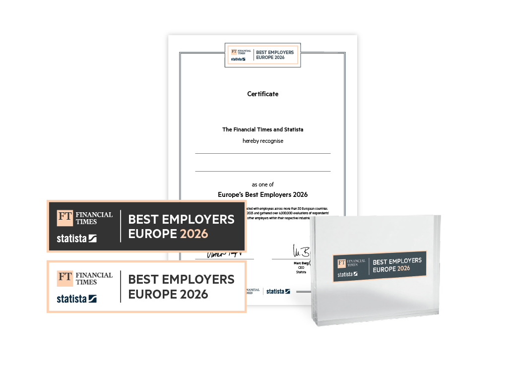Statista and Financial Times logo, certificate and trophy mockup for Europe’s Best Employers 2026.