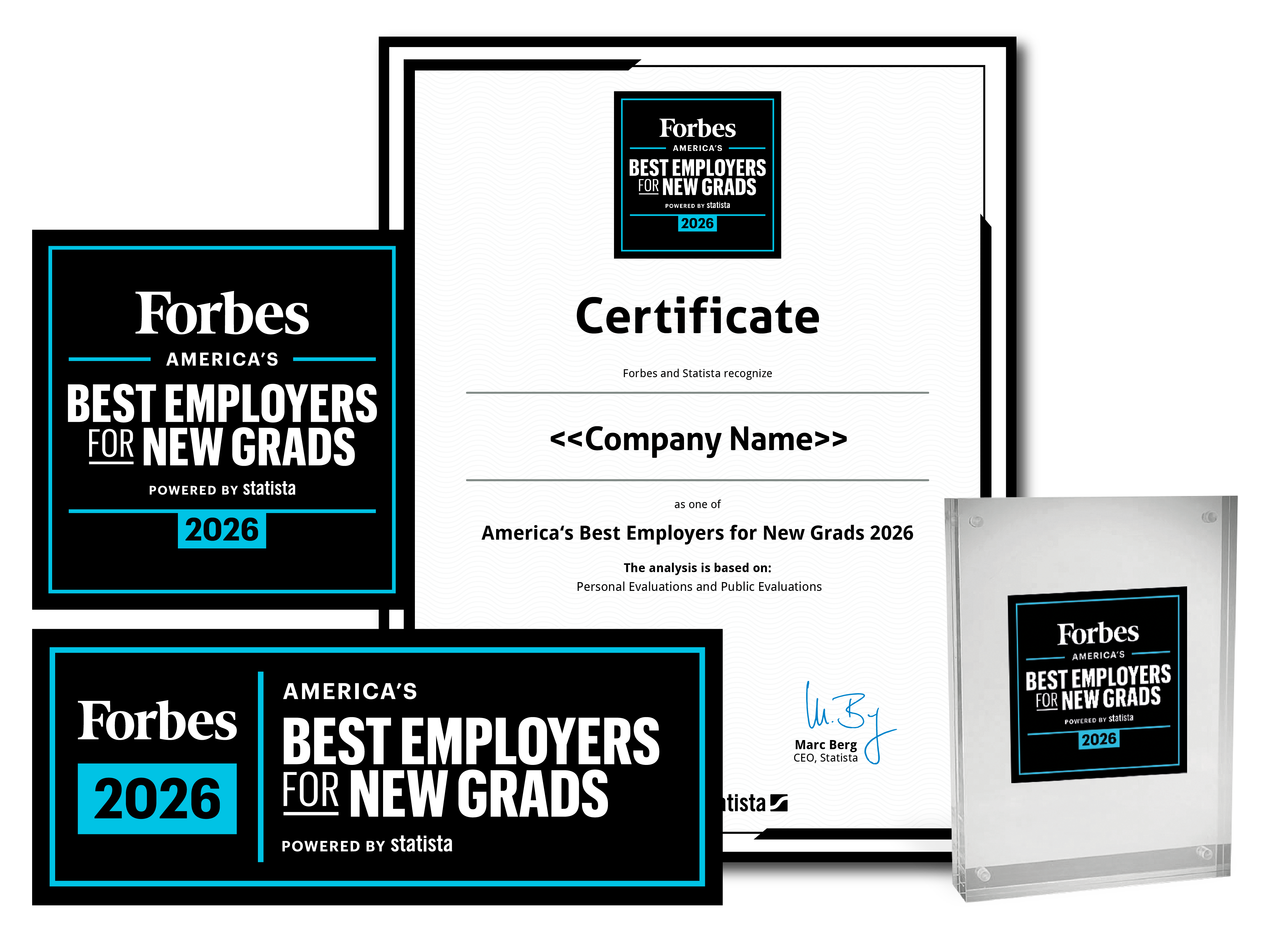 Statista and Forbes logo, certificate and trophy mockup for America's Best Employers for New Grads 2026.