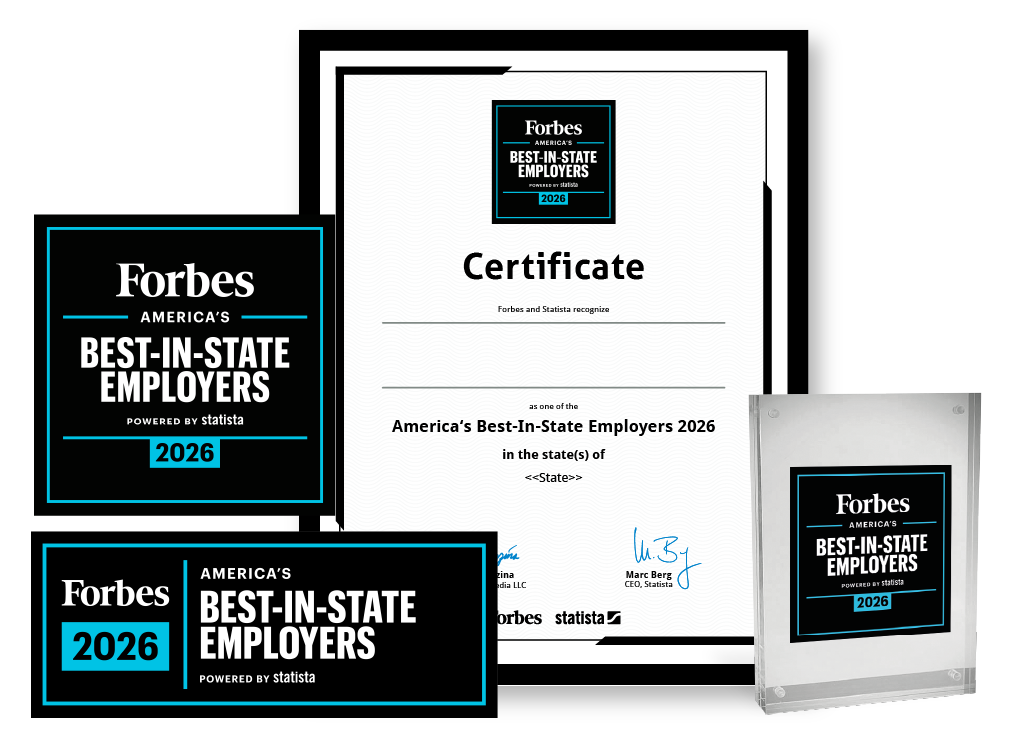 Statista and Forbes logo, certificate and trophy mockup for America's Best-in-State Employers 2026.