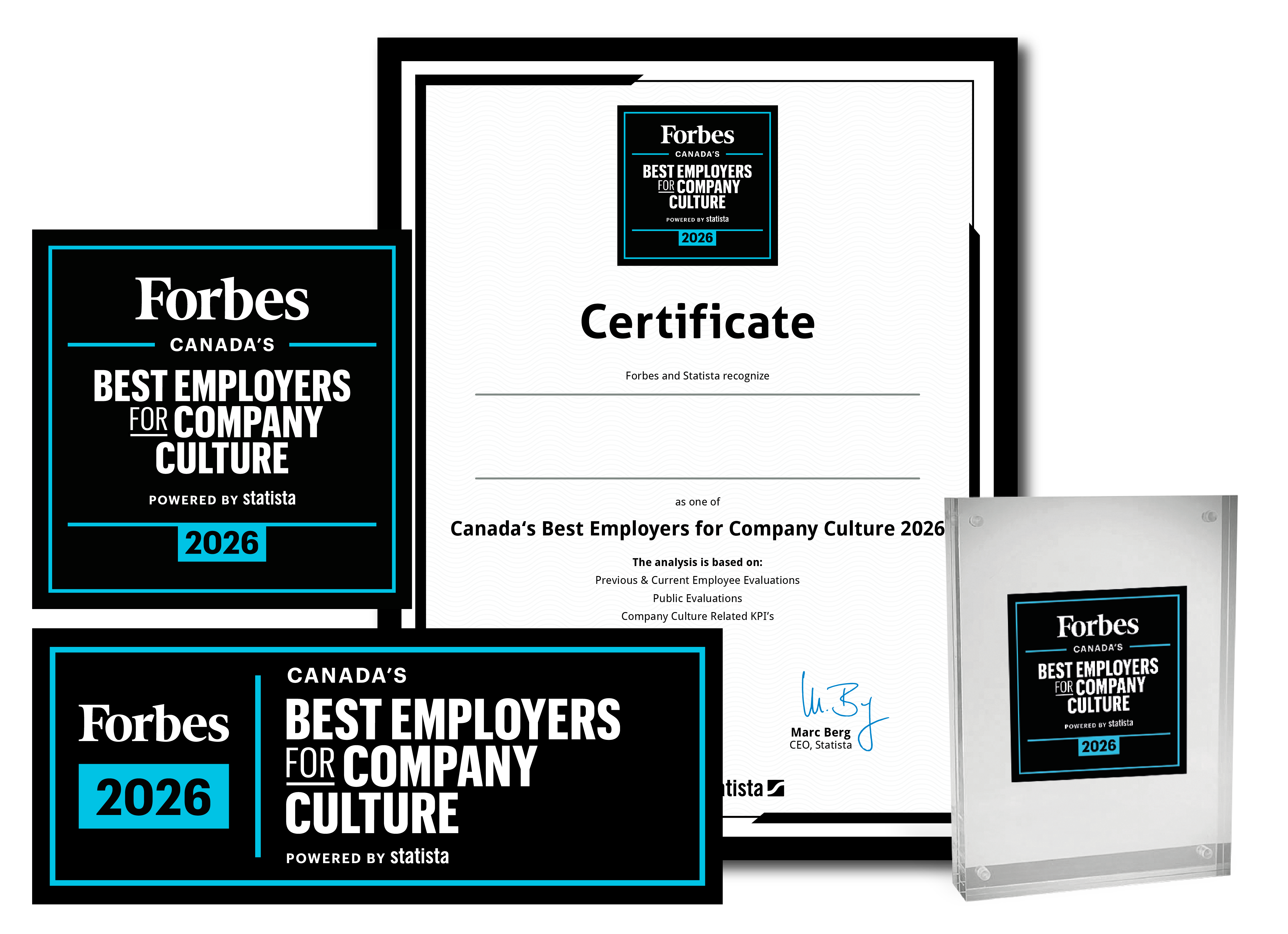 Statista and Forbes logo, certificate and trophy mockup for Canada's Best Employers for Company Culture 2026.