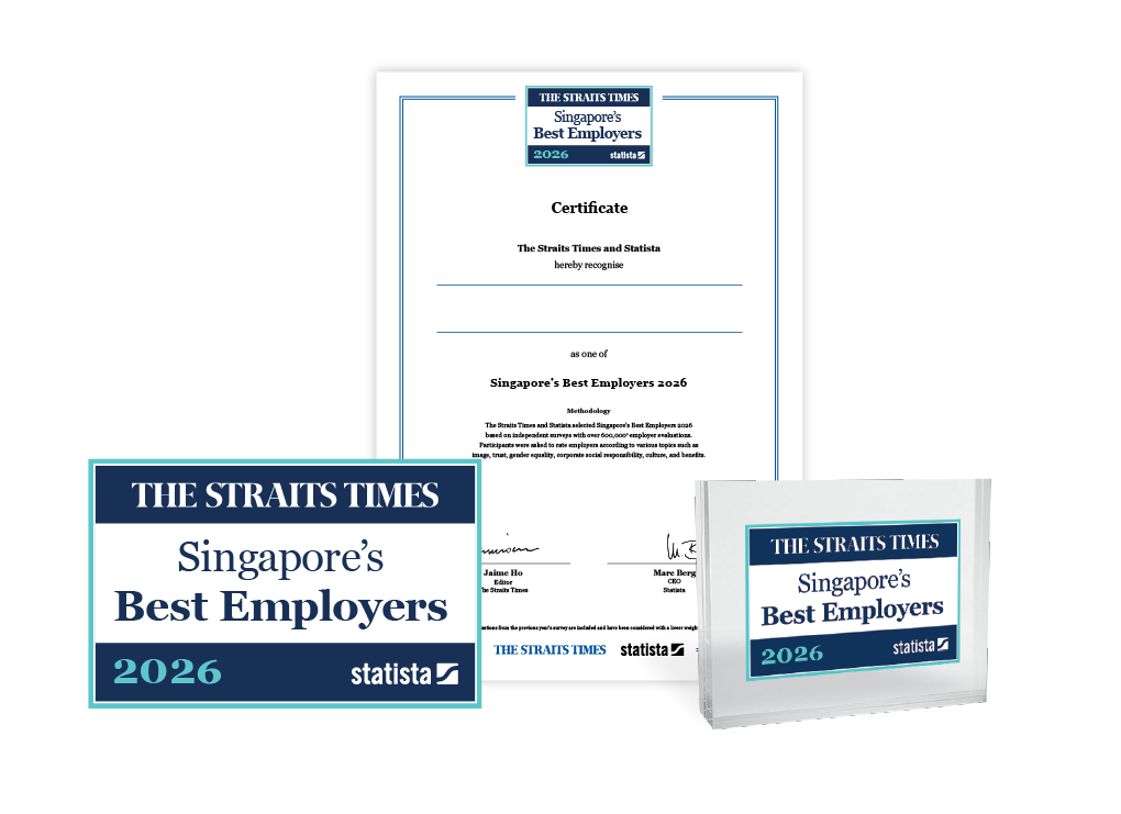 Statista and Straits Times logo, certificate and trophy for Singapore’s Best Employers 2026.