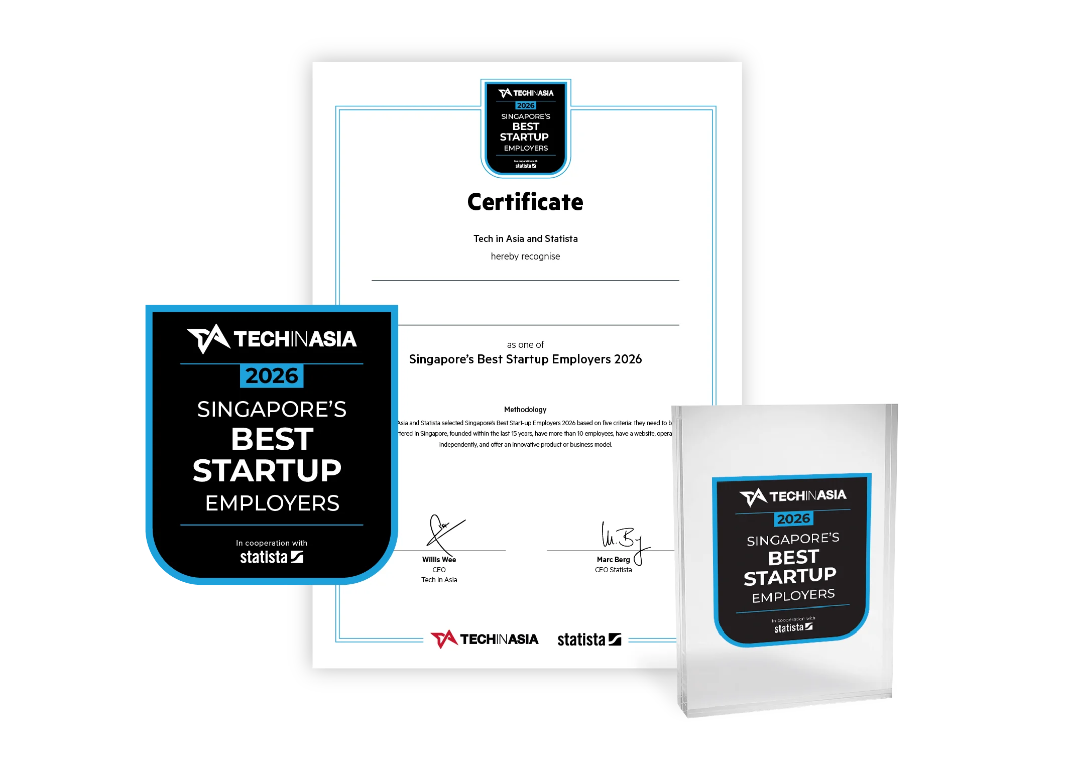 Statista and Tech in Asia logo, certificate and trophy mockup for Singapore’s Best Start-up Employers 2026.
