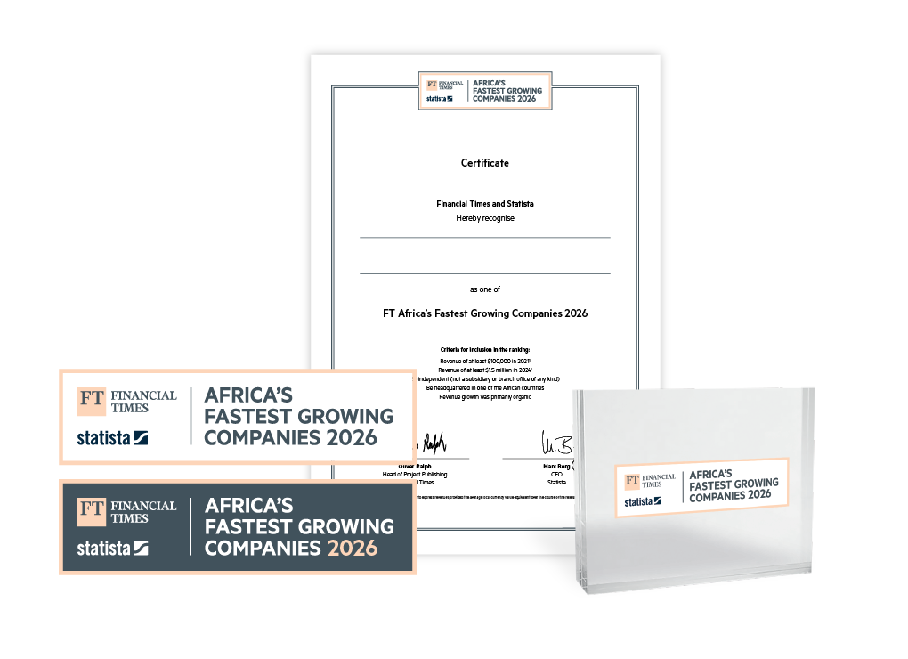 Statista and Financial Times logo, certificate and trophy mockup for Africa's Fastest-Growing Companies 2026.