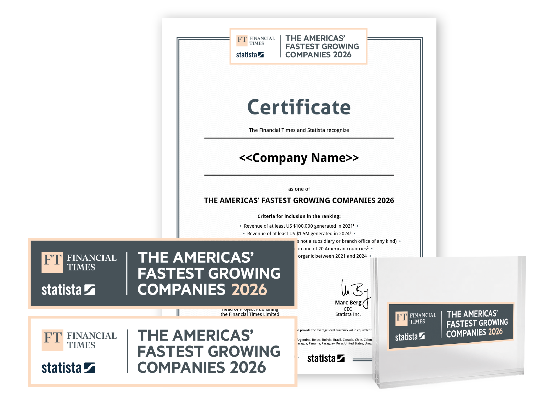 Statista and Financial Times logo, certificate and trophy mockup for The Americas’ Fastest Growing Companies 2026.