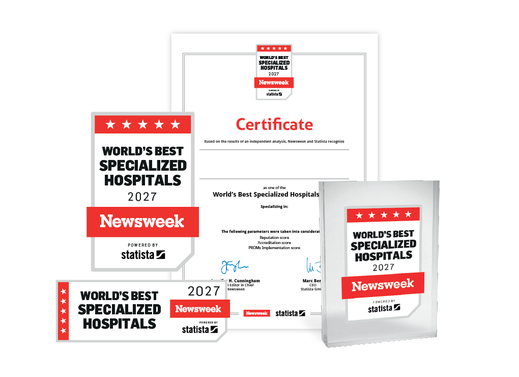 Statista and Newsweek logo, certificate and trophy mockup for World's Best Specialized Hospitals 2027.