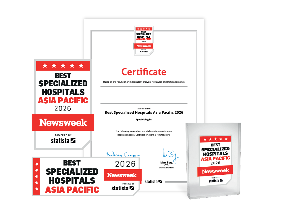 Statista and Newsweek logo, certificate and trophy mockup for Best Specialized Hospitals Asia Pacific 2026.