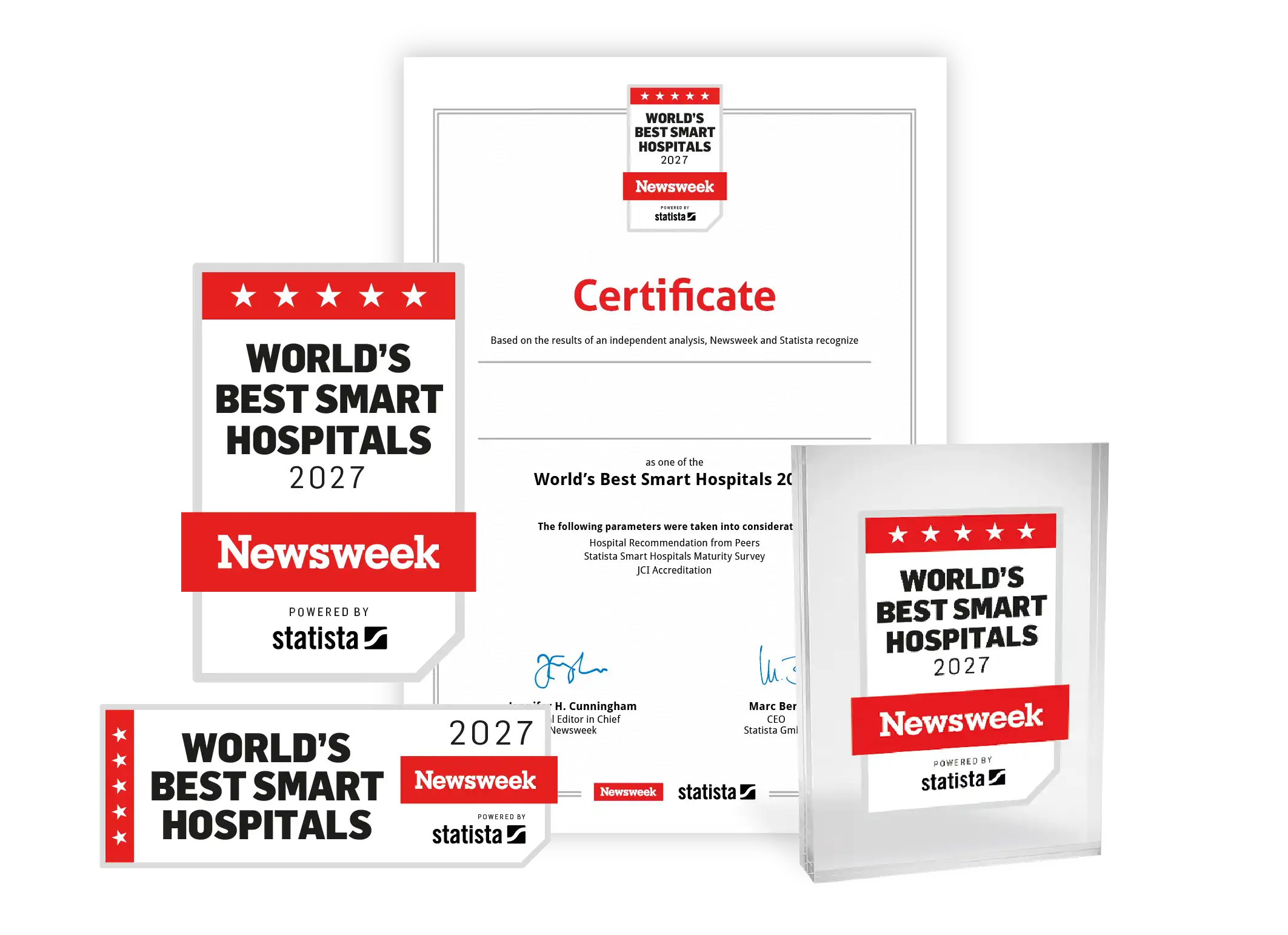Statista and Newsweek logo, certificate and trophy mockup for World's Best Smart Hospitals 2027.
