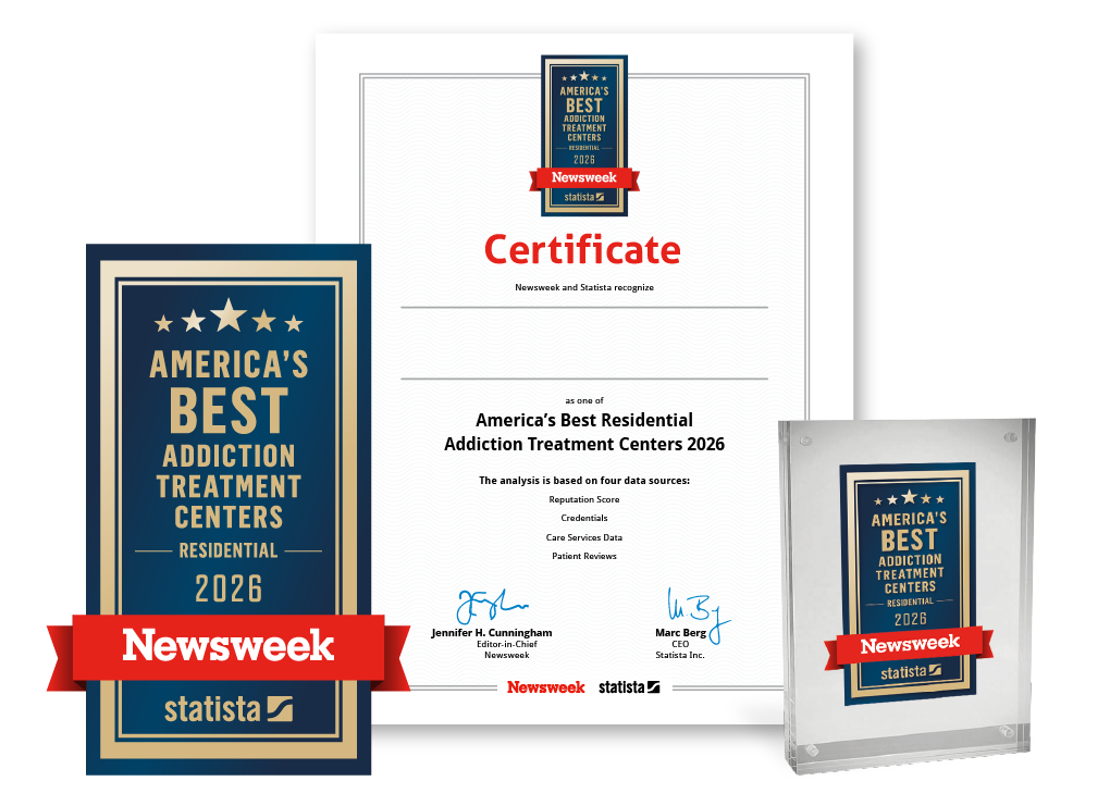 Statista and Newsweek logo, certificate and trophy mockup for America's Best Residential Addiction Treatment Centers 2026.
