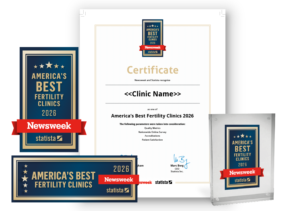 Statista and Newsweek logo, certificate and trophy mockup for America's Best Fertility Clinics 2026.