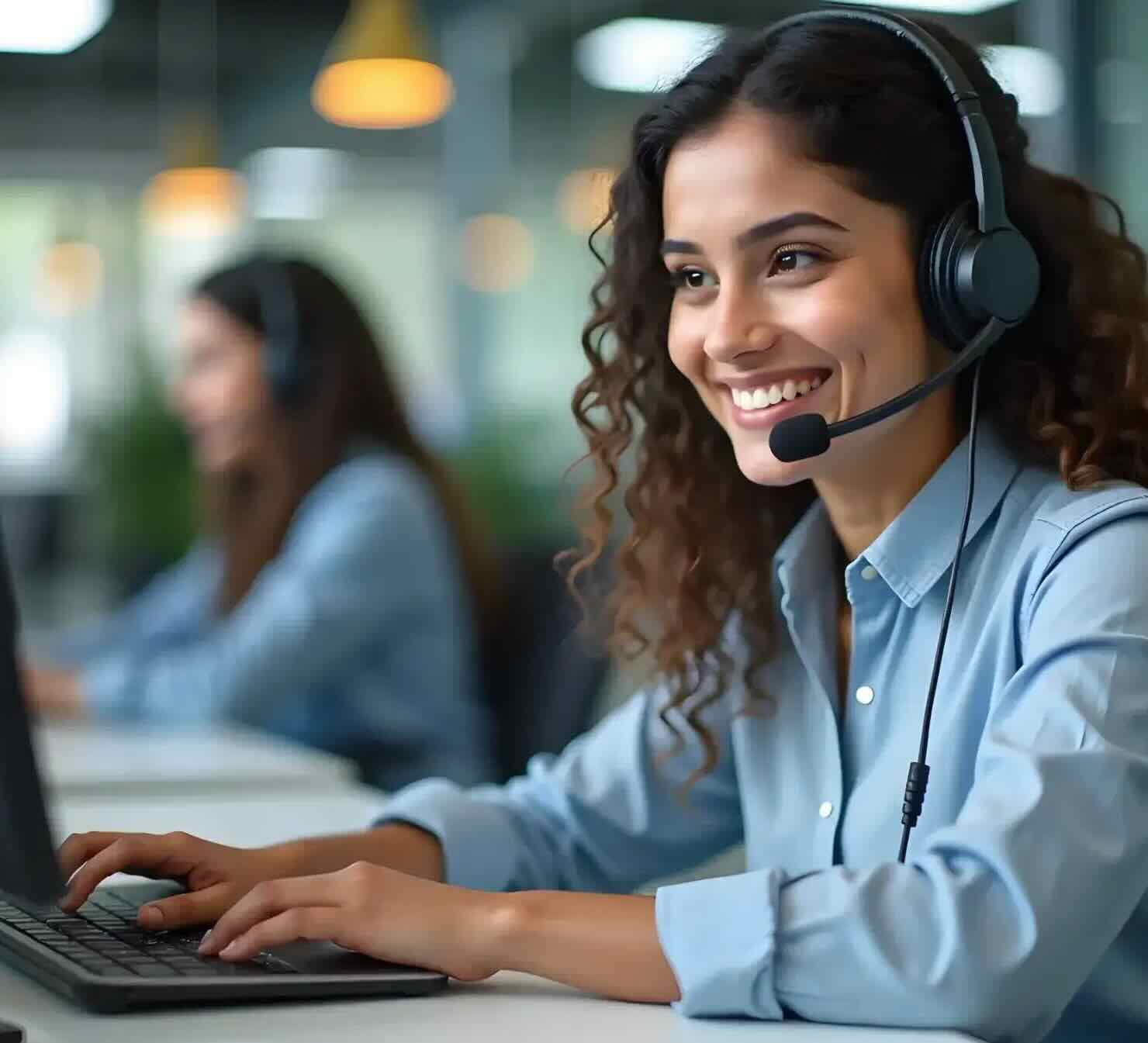 A friendly, smiling woman sits at a laptop in a call center with a headset on.