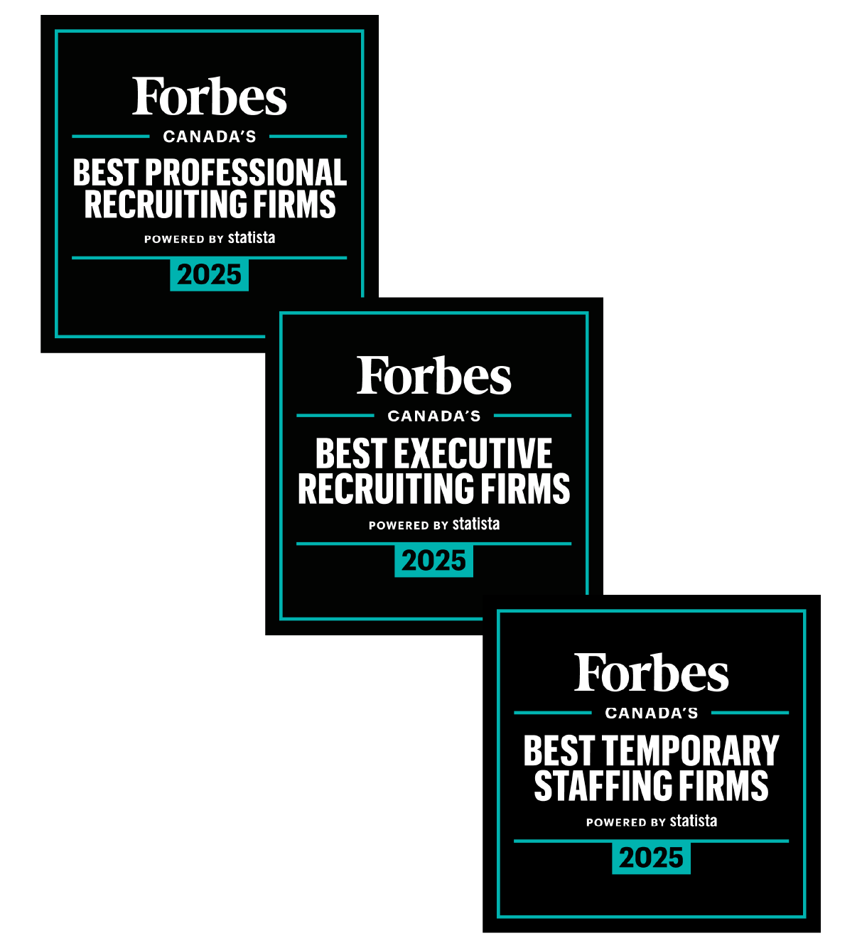 Three black and blue logos for Statista and Forbes’s Best Recruiting and Temporary Staffing Firms in Canada.