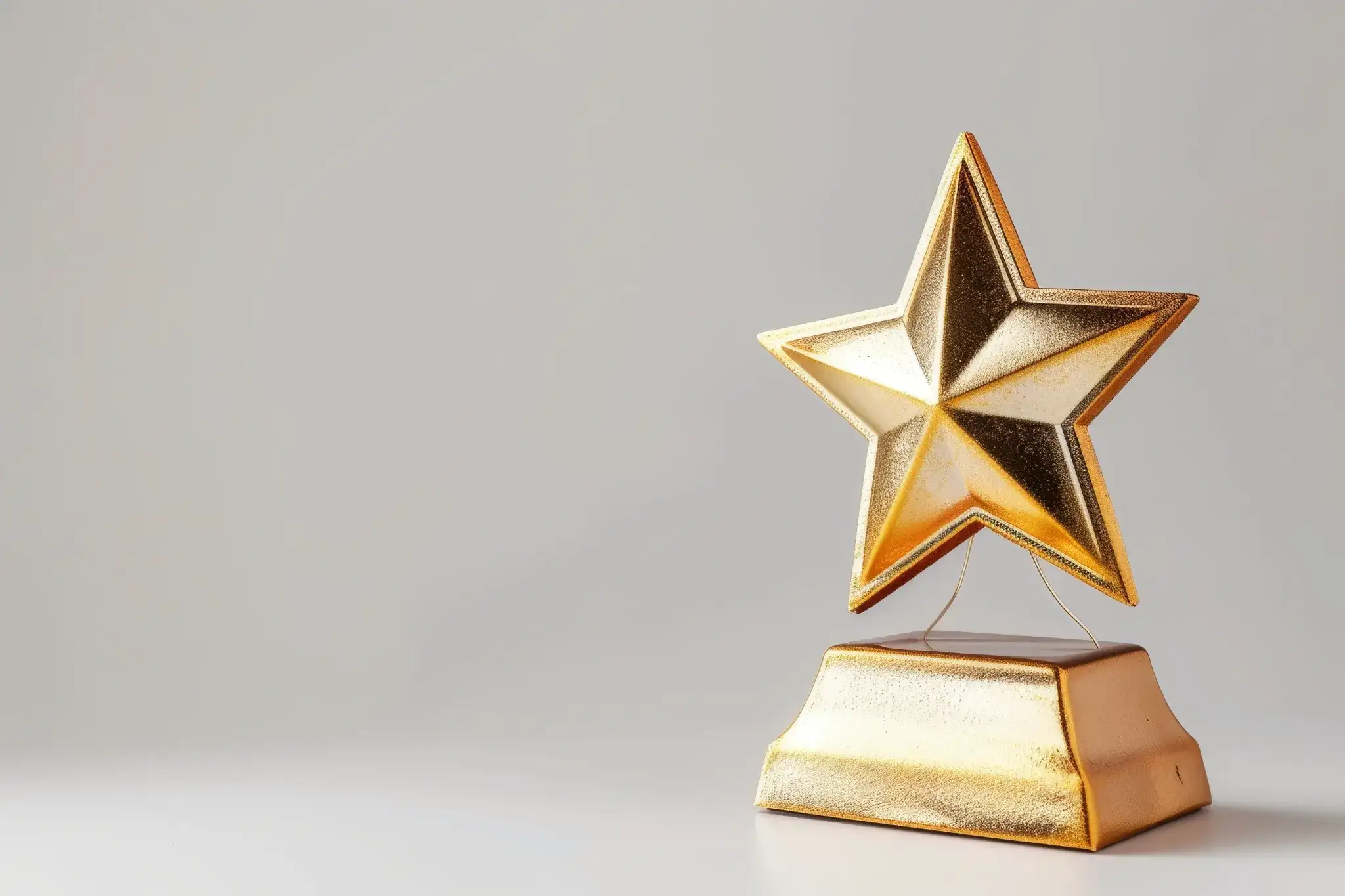 Golden star-shaped trophy symbolizing achievement and excellence, displayed on a gold base.